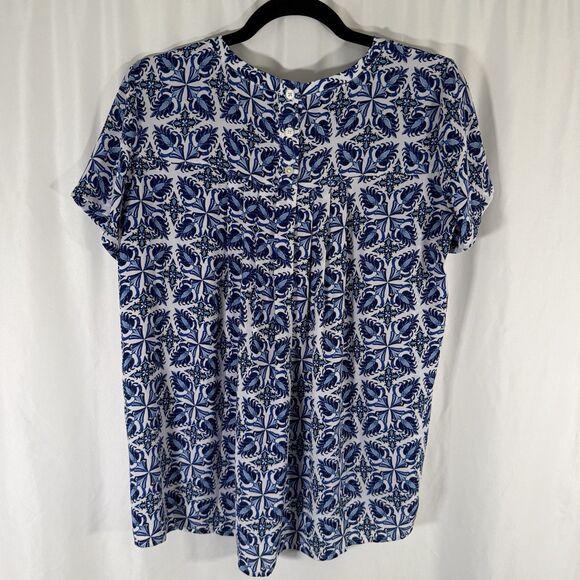 Loft Blouse Women's XS Blue Floral Short Sleeve Lightweight Round Neck Button - Picture 7 of 10